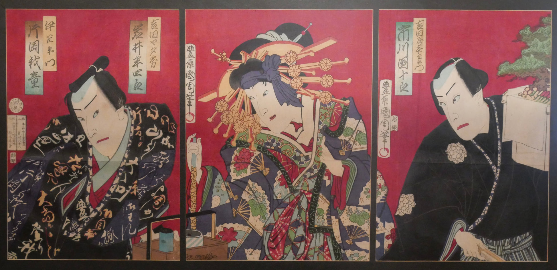 Late 19th Century Japanese Toyohara Kunichika "Actors in Role of the Suikoden" Set of 3 Triptych Ukiyo-e Woodblock Prints (Meiji Period)