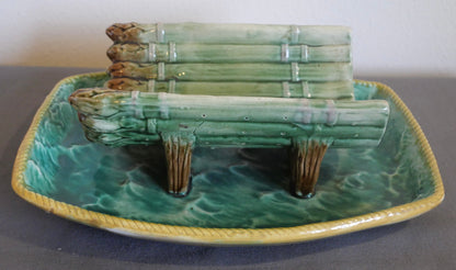 Circa 1880 English Majolica Cradle Asparagus Server with Attached Underplate