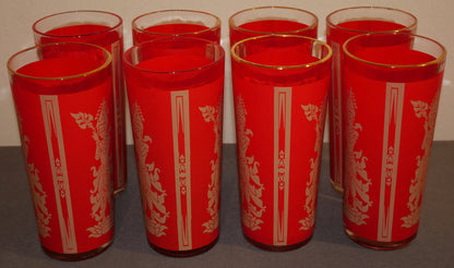 Set of 8 1960's American Culver Mid Century Modern Red/Gold Siamese Thai Dancer Highball Glasses