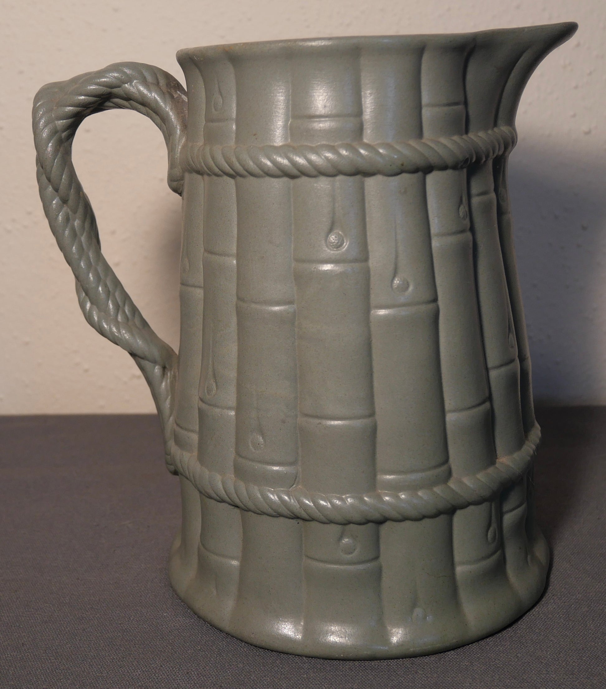 Mid 19th Century English Staffordshire Pale Green Drabware Bamboo/Rope Relief Motif Pitcher