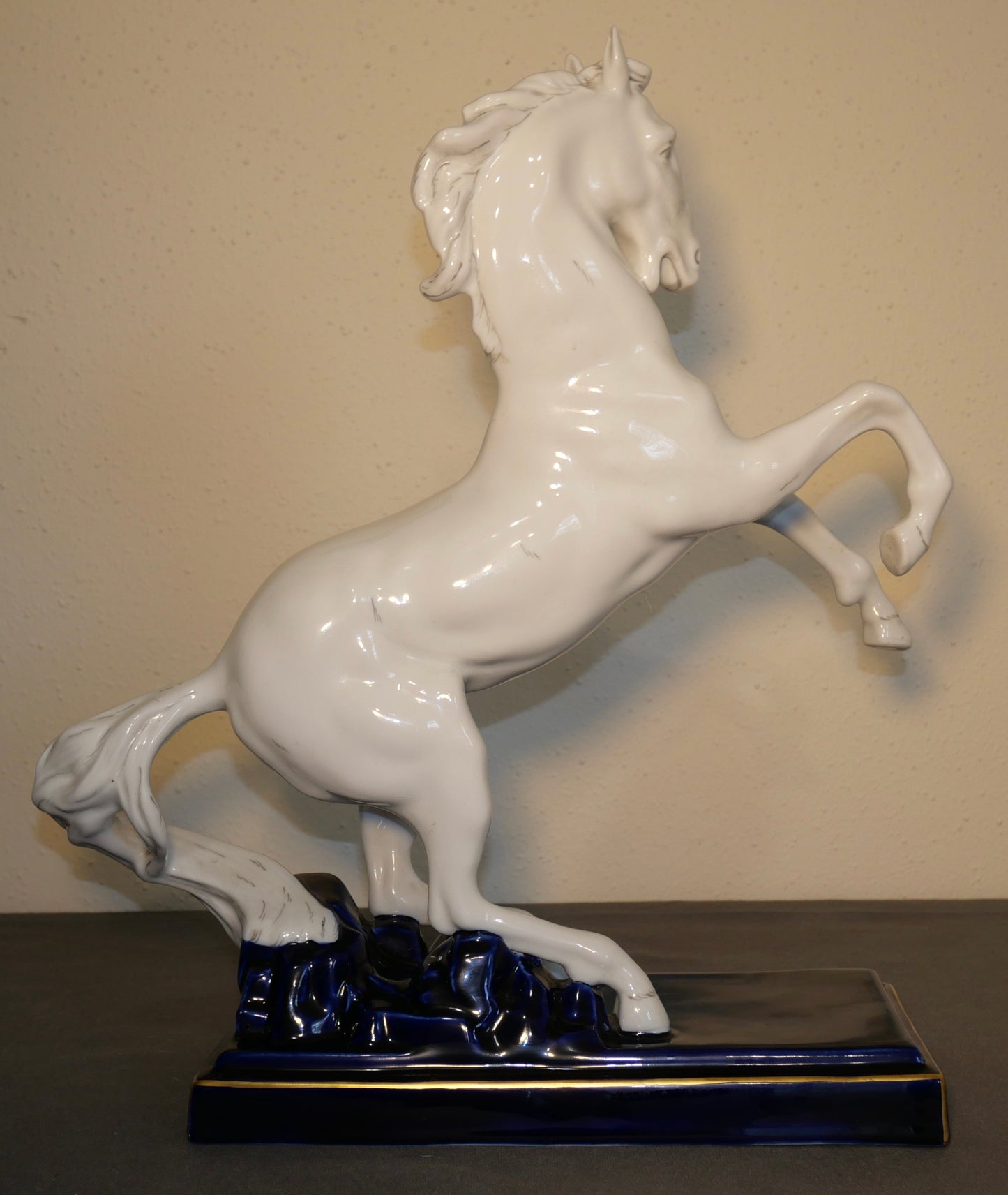 Vintage 1970's Czechoslovakian Royal Dux Porcelain White Rearing Horse on Gilded Cobalt Blue Plinth Base Sculpture