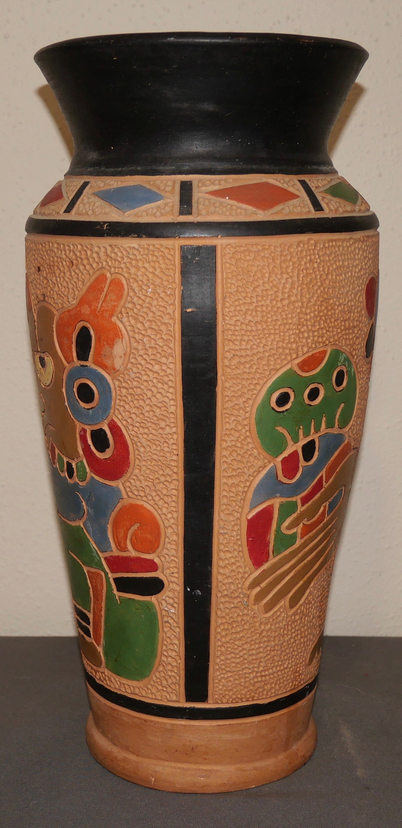 Vintage 1960's Guatemalan Mid Century Modern Clay Aztec Motifs Floor Vase