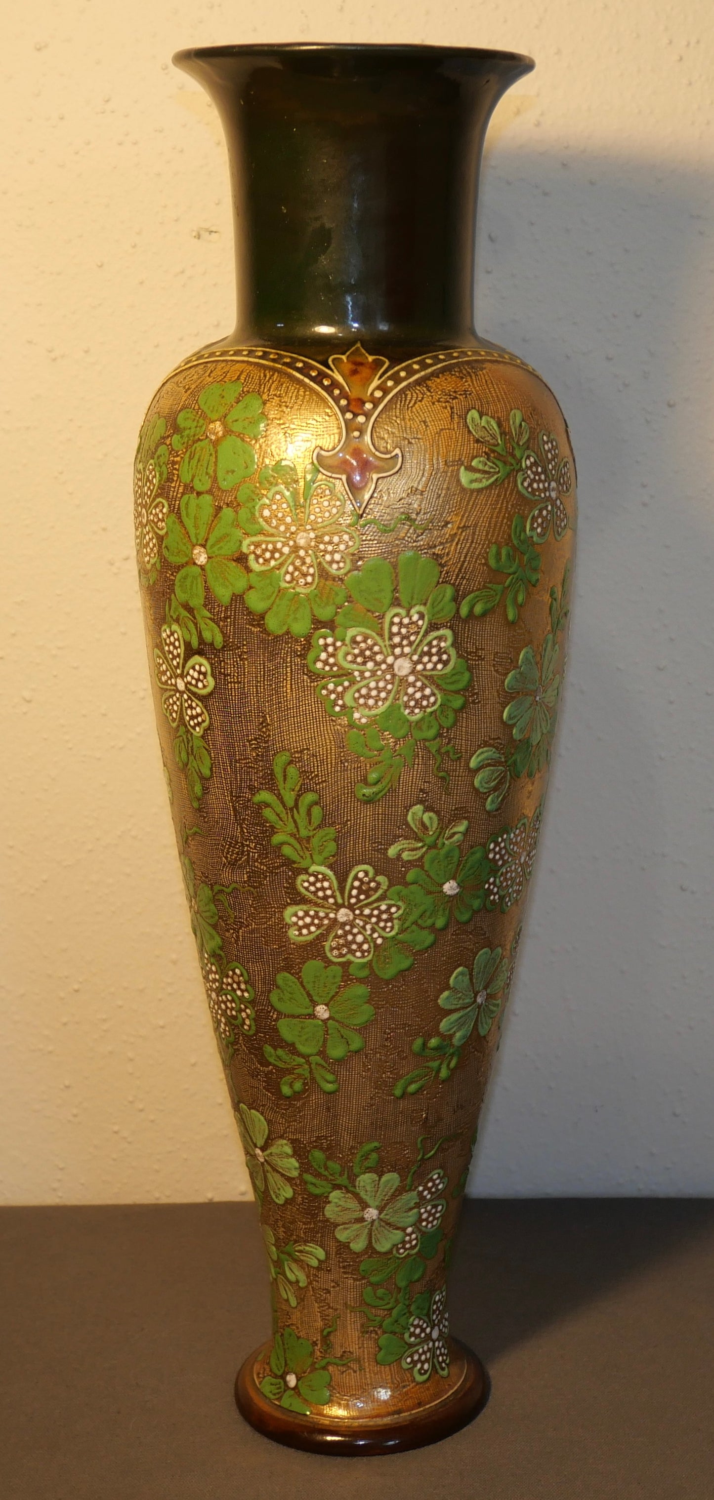 Late 19th Century English Art Nouveau Doulton Lambeth Slaters Patent Stoneware Gilded Green Floral Motifs Tapestry Baluster Vase by Harriet Knight and LF Bowen