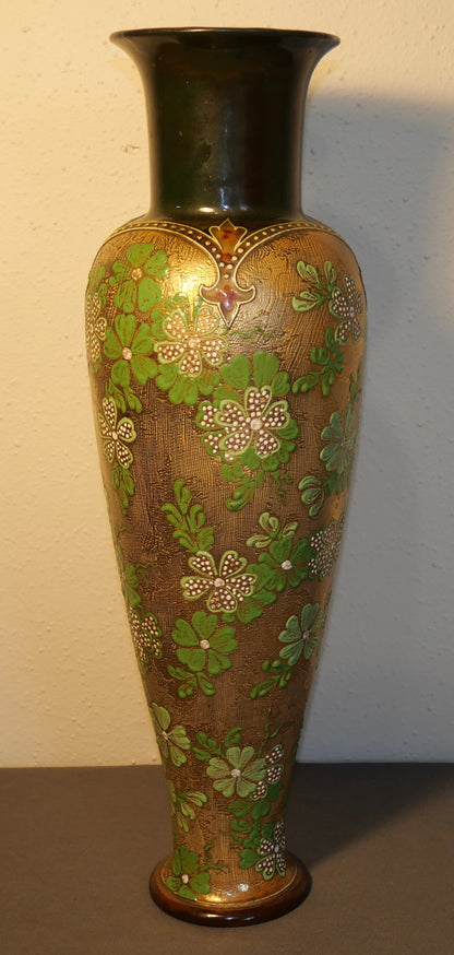 Late 19th Century English Art Nouveau Doulton Lambeth Slaters Patent Stoneware Gilded Green Floral Motifs Tapestry Baluster Vase by Harriet Knight and LF Bowen