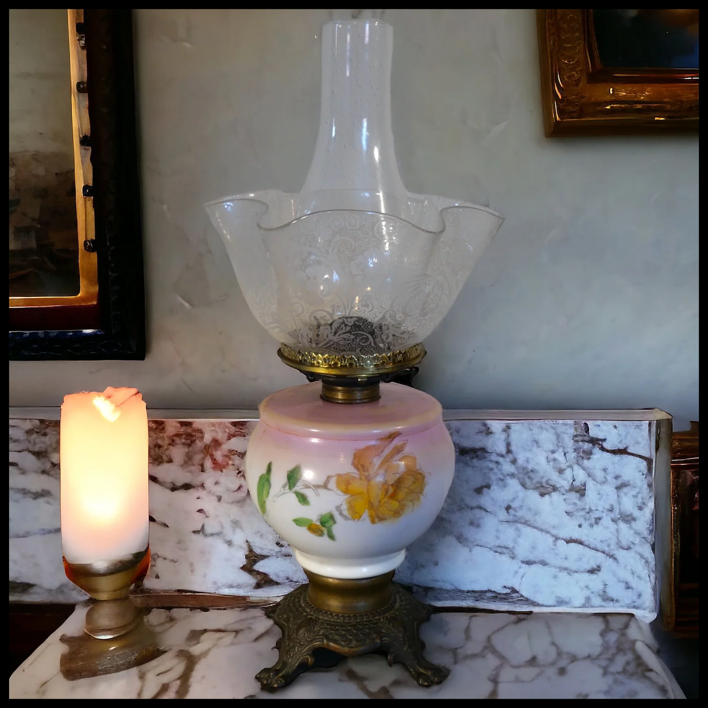 Late 19th Century American Victorian Floral Motif Painted Opaline Glass/Gilt Brass Clawfoot Base Oil Lamp with Glass Floral Motifs Ruffled Edge Shade