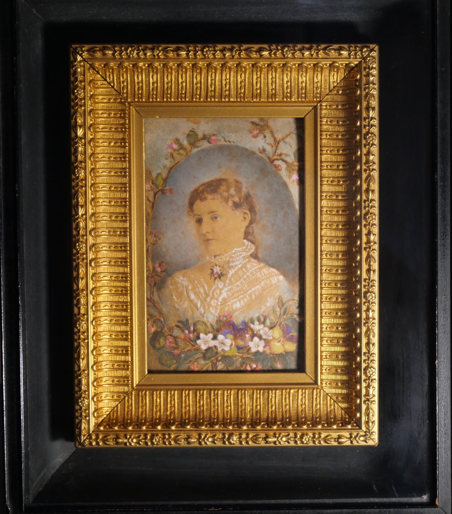 Circa 1860 French Victorian Young Girl Miniature Portrait Oil Painting in Gilded Wood Frame Set in Ebonized Wood Shadowbox Frame