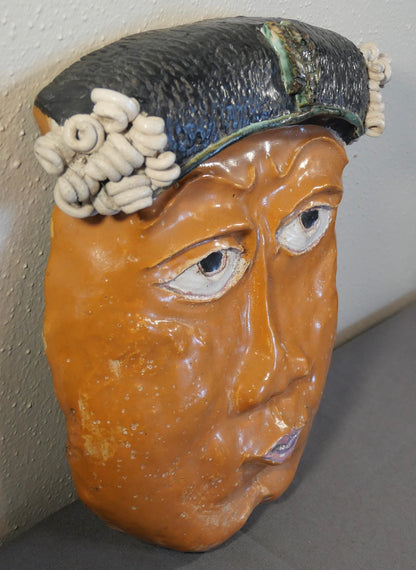 Contemporary Style Matador Face Mask Glazed Clay Wall-Hanging Sculpture by Mary Jo Gessler (1995) (Louisiana)