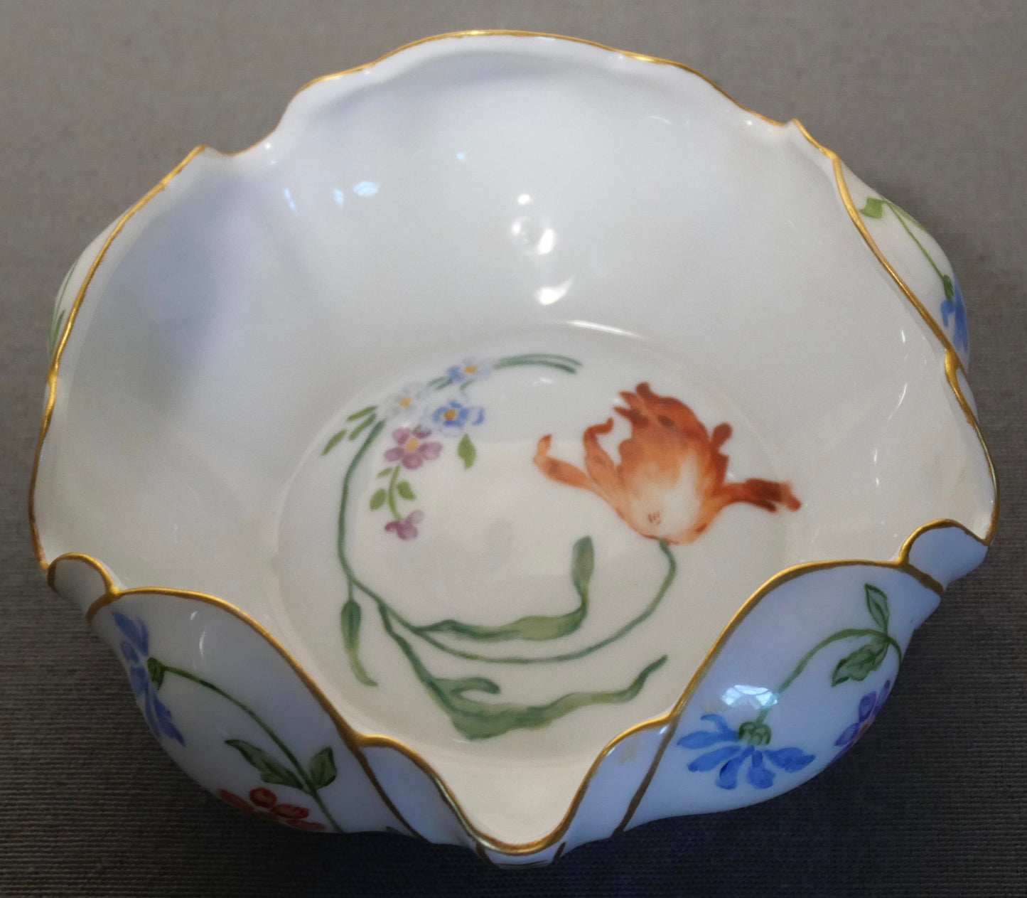 1936 German Porcelain Hand Painted Gilded Floral Motif Flower Form Bowl