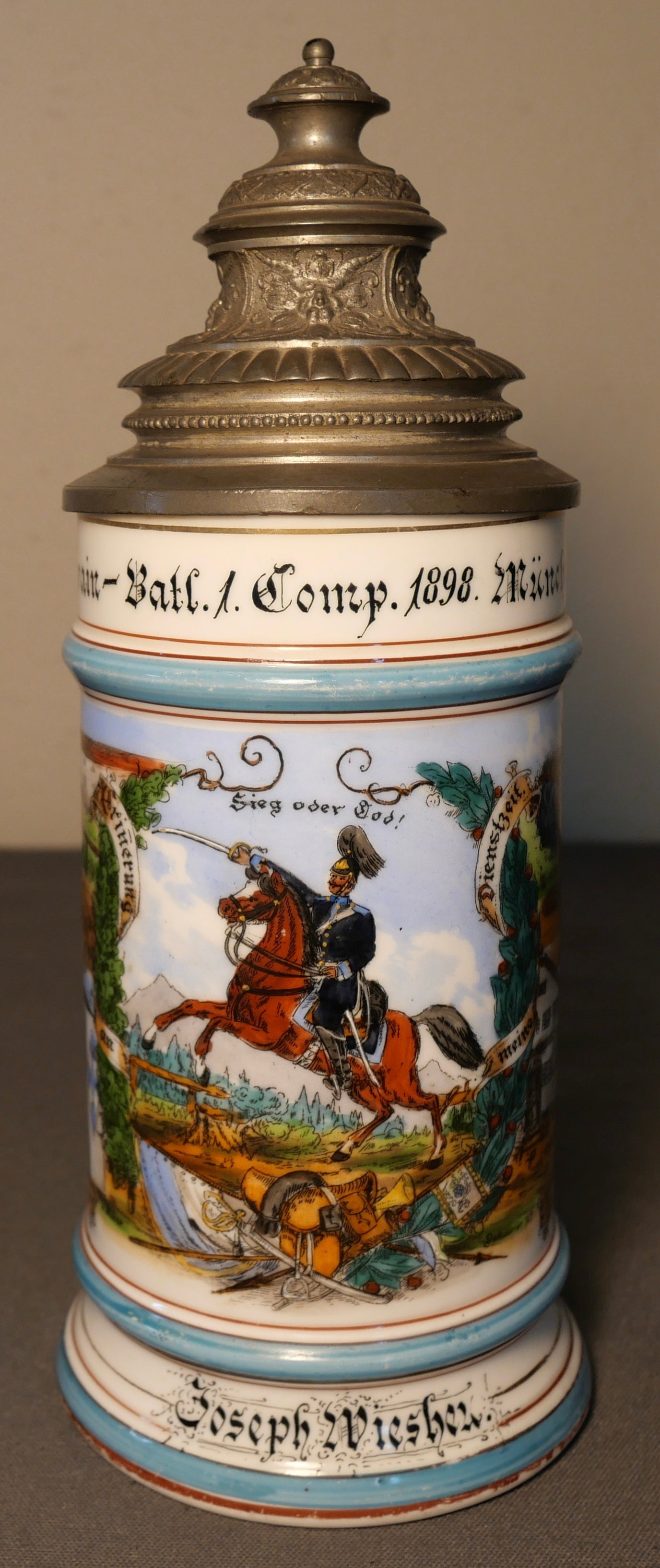 1898 German Imperial Reservist Train-Bataillon Kompanie Munchen Porcelain King Ludwig III Lithophane Lidded Stein