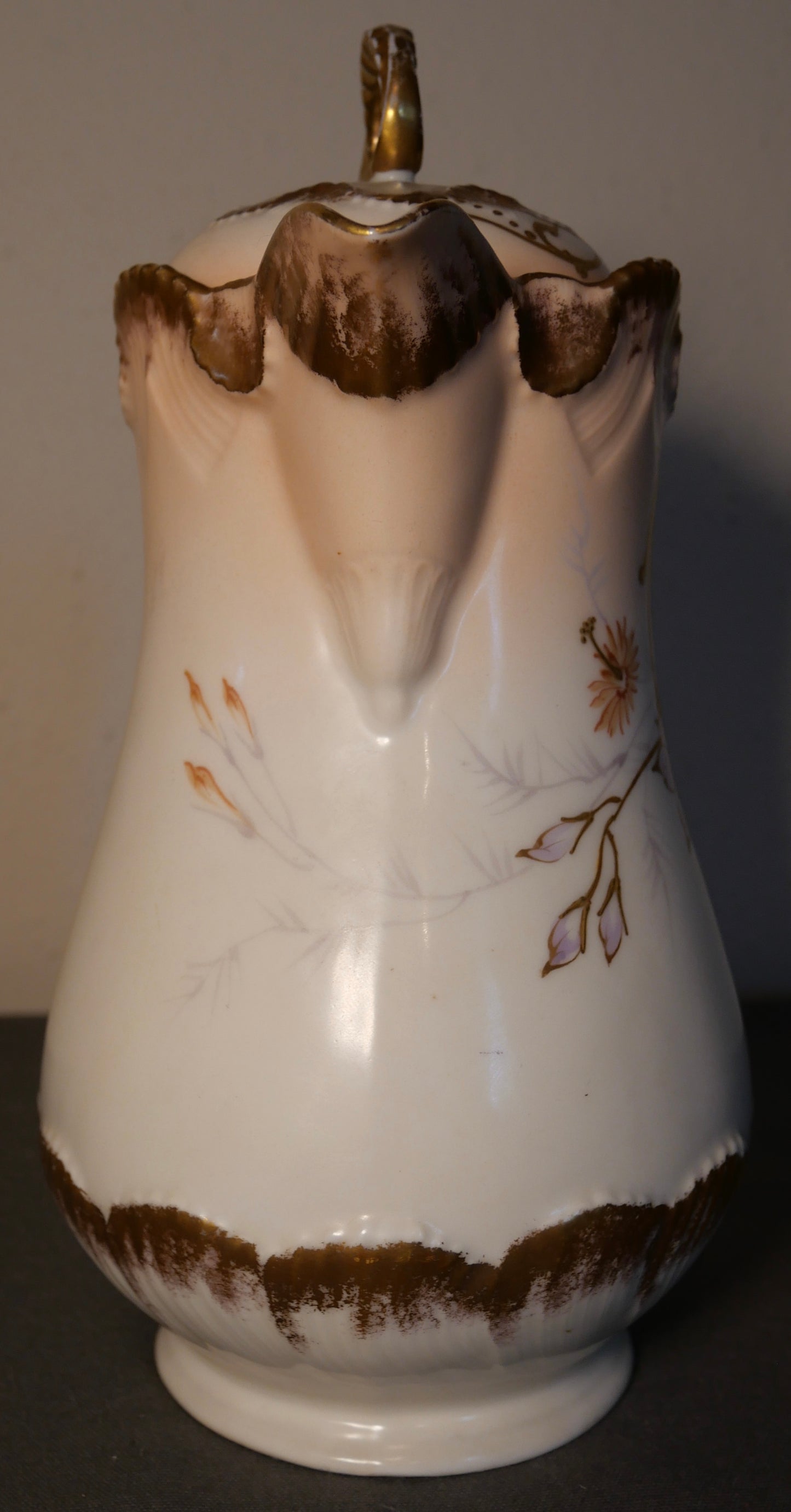 Circa 1900 French Art Nouveau L. Straus & Sons Limoges Gilded Pink/White Porcelain Hand Painted Floral Motifs Shell Design Chocolate Pot