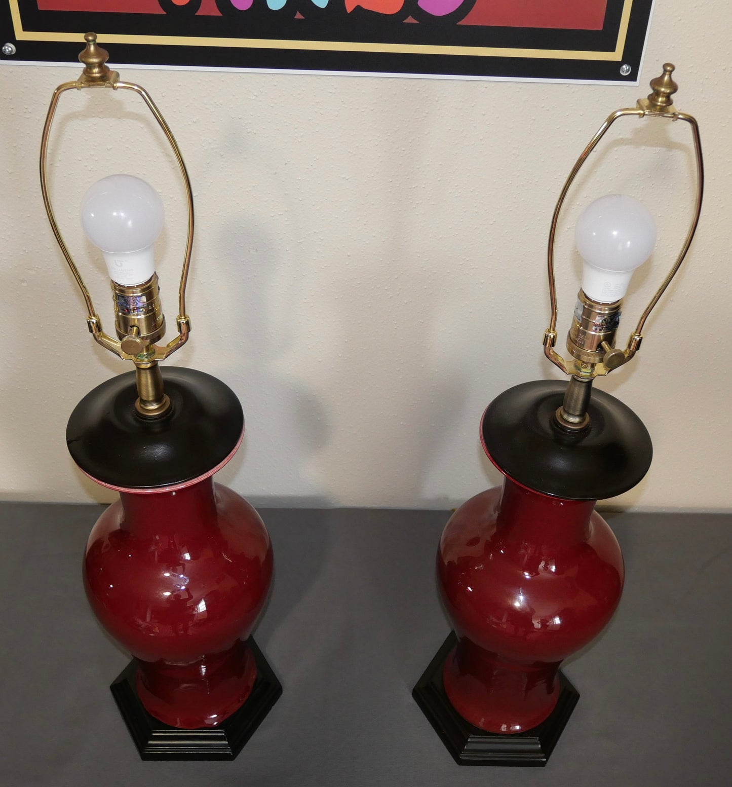 Pair of Vintage 1990’s Chinese Oriental Accent Oxblood Porcelain Table Lamps