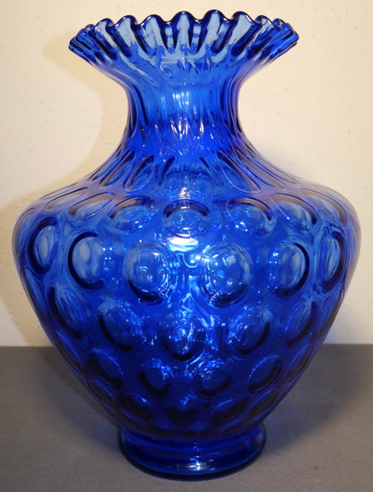 Vintage 1972-1973 American Fenton Cobalt Blue Glass Coin Dot Ruffled Edge Baluster Vase