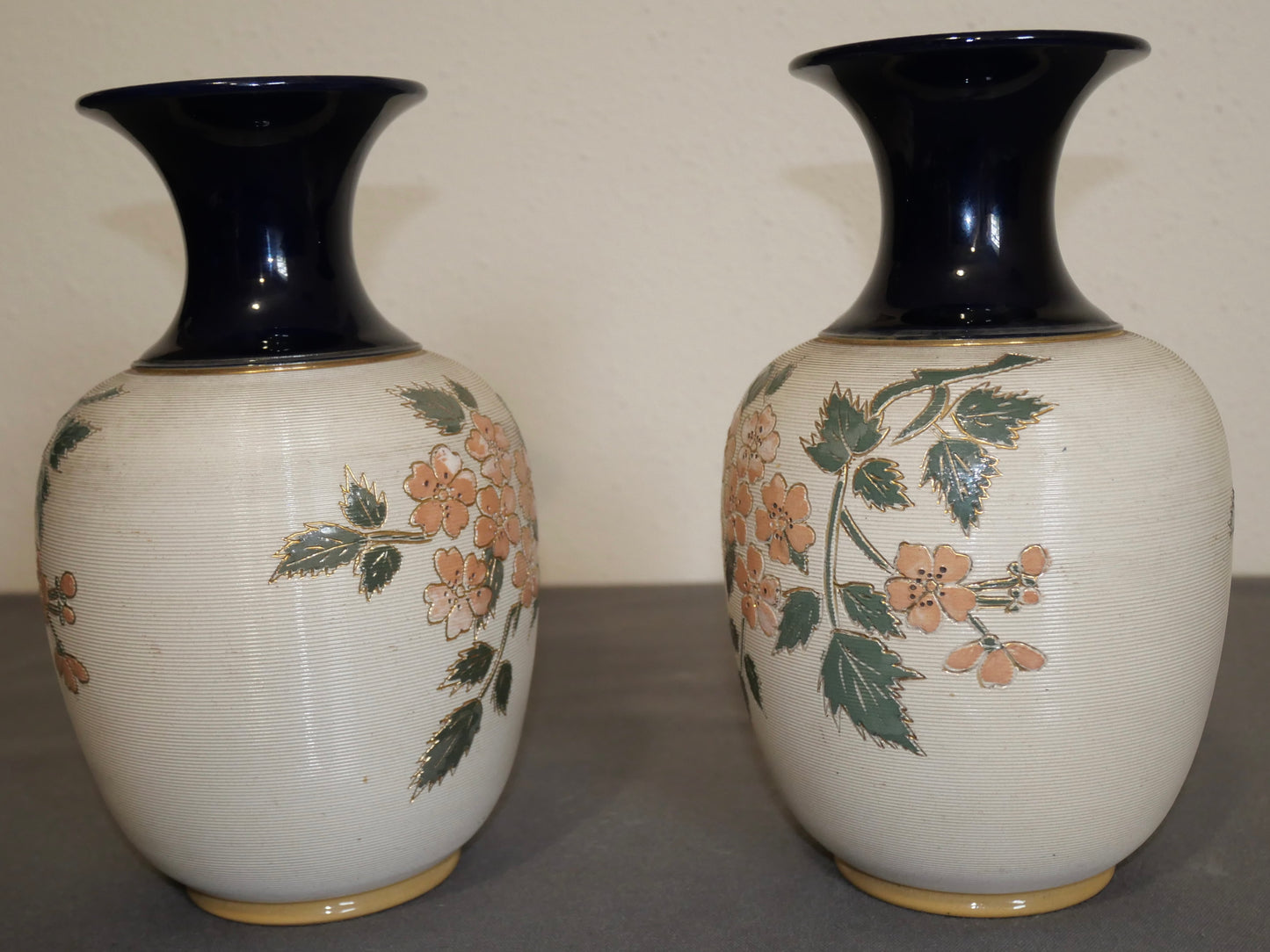 Pair of Early 20th Century English Art Nouveau Lovatt's Langley Ware Stoneware Floral Motif Tapestry Baluster Vases