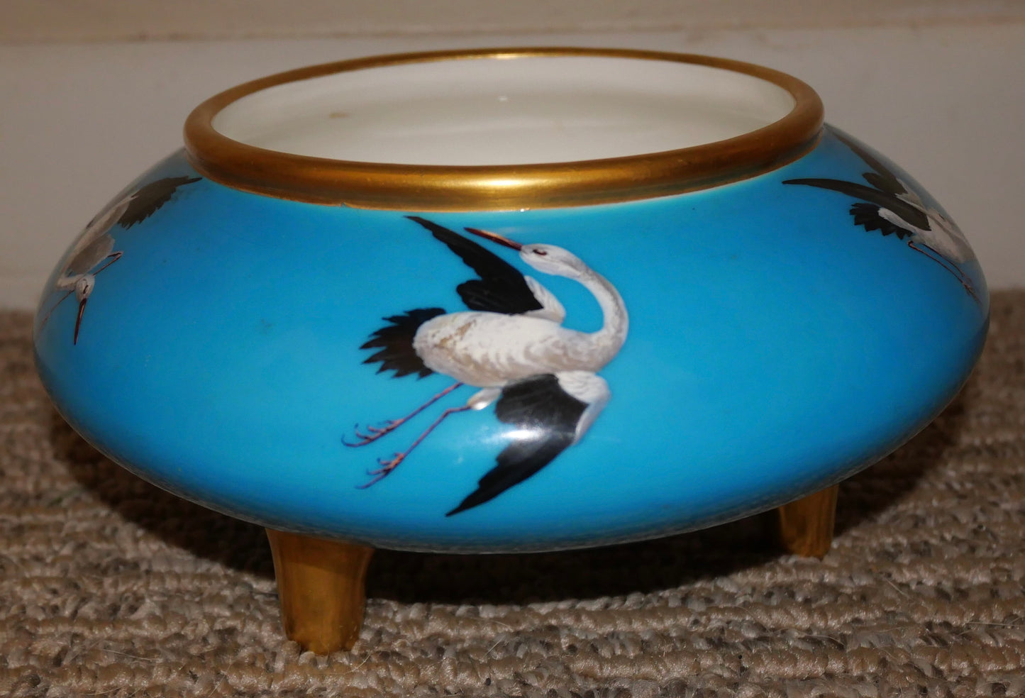 1874 English Mintons Gilded Turquoise Ground Porcelain Chinese Style Enamel Painted Stork Bird Motifs Three-Legged Bowl by Christopher Dresser