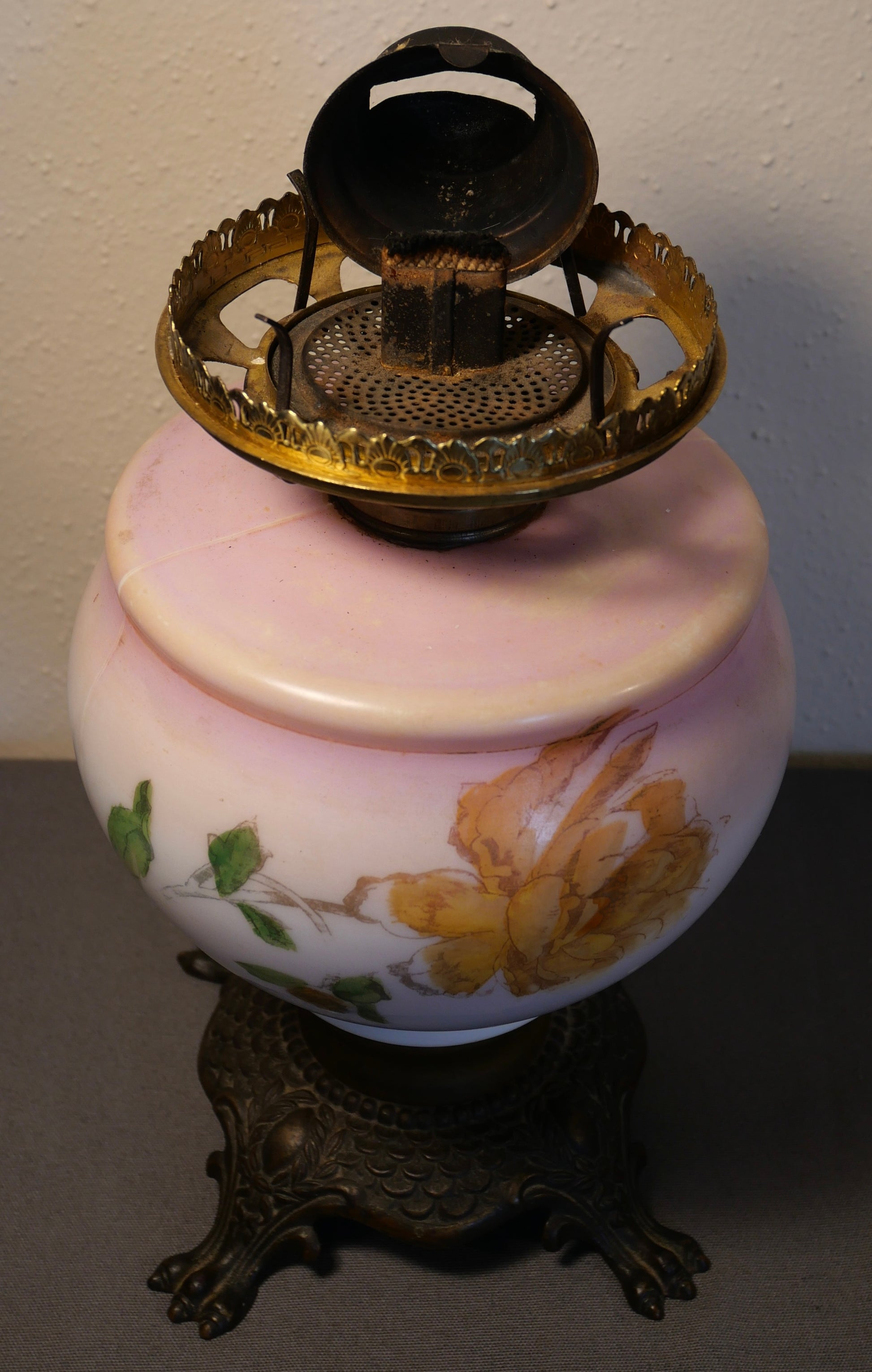 Late 19th Century American Victorian Floral Motif Painted Opaline Glass/Gilt Brass Clawfoot Base Oil Lamp