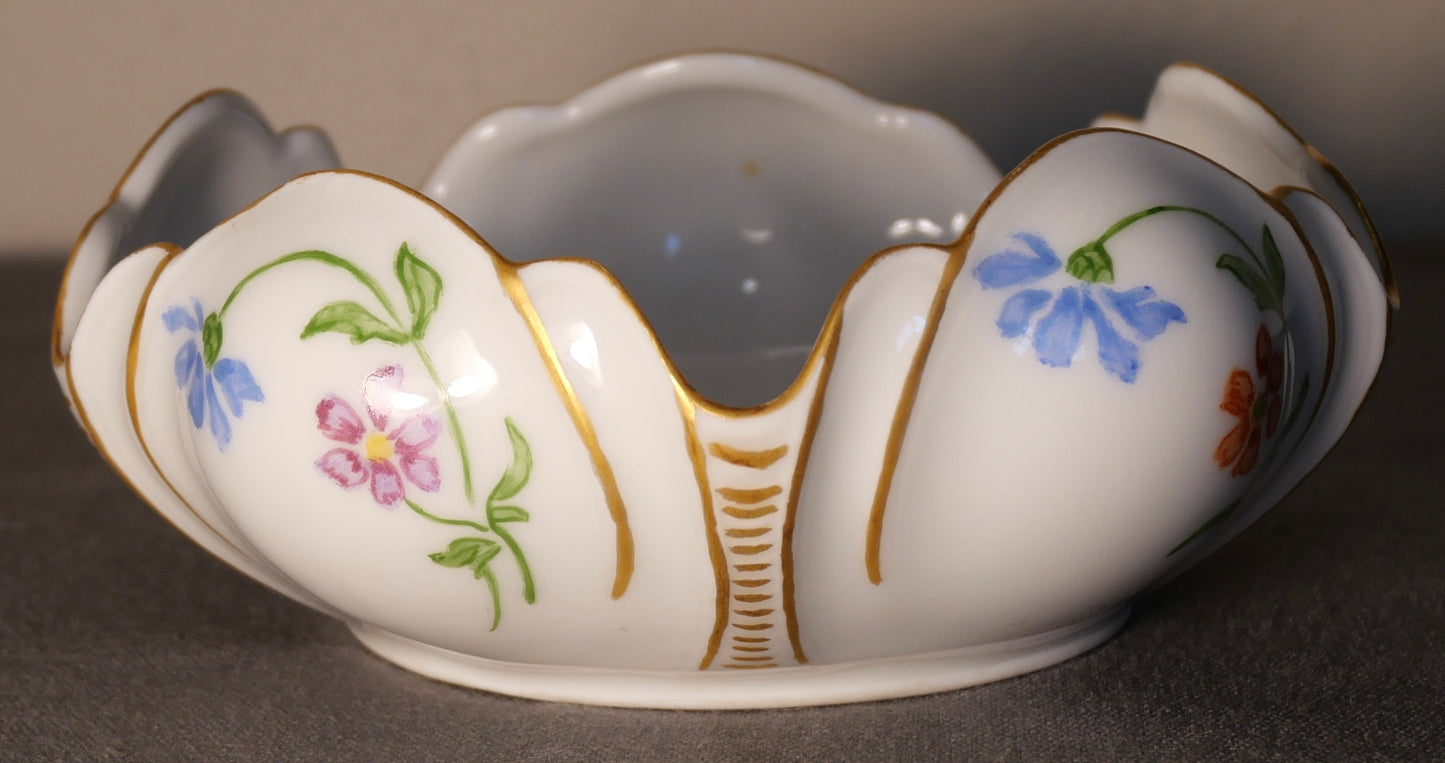 1936 German Porcelain Hand Painted Gilded Floral Motif Flower Form Bowl