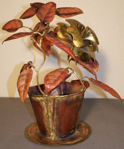 Vintage 1960's American Brutalist Welded Copper/Brass Rose in Flower Pot Sculpture