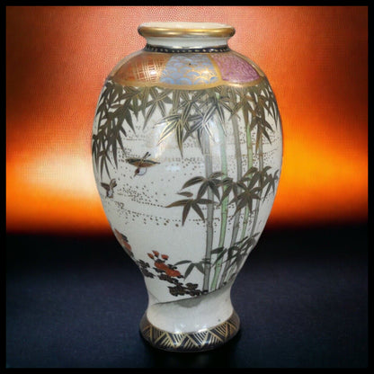 Early 20th Century Japanese Satsuma Pottery Bamboo Motifs Baluster Vase