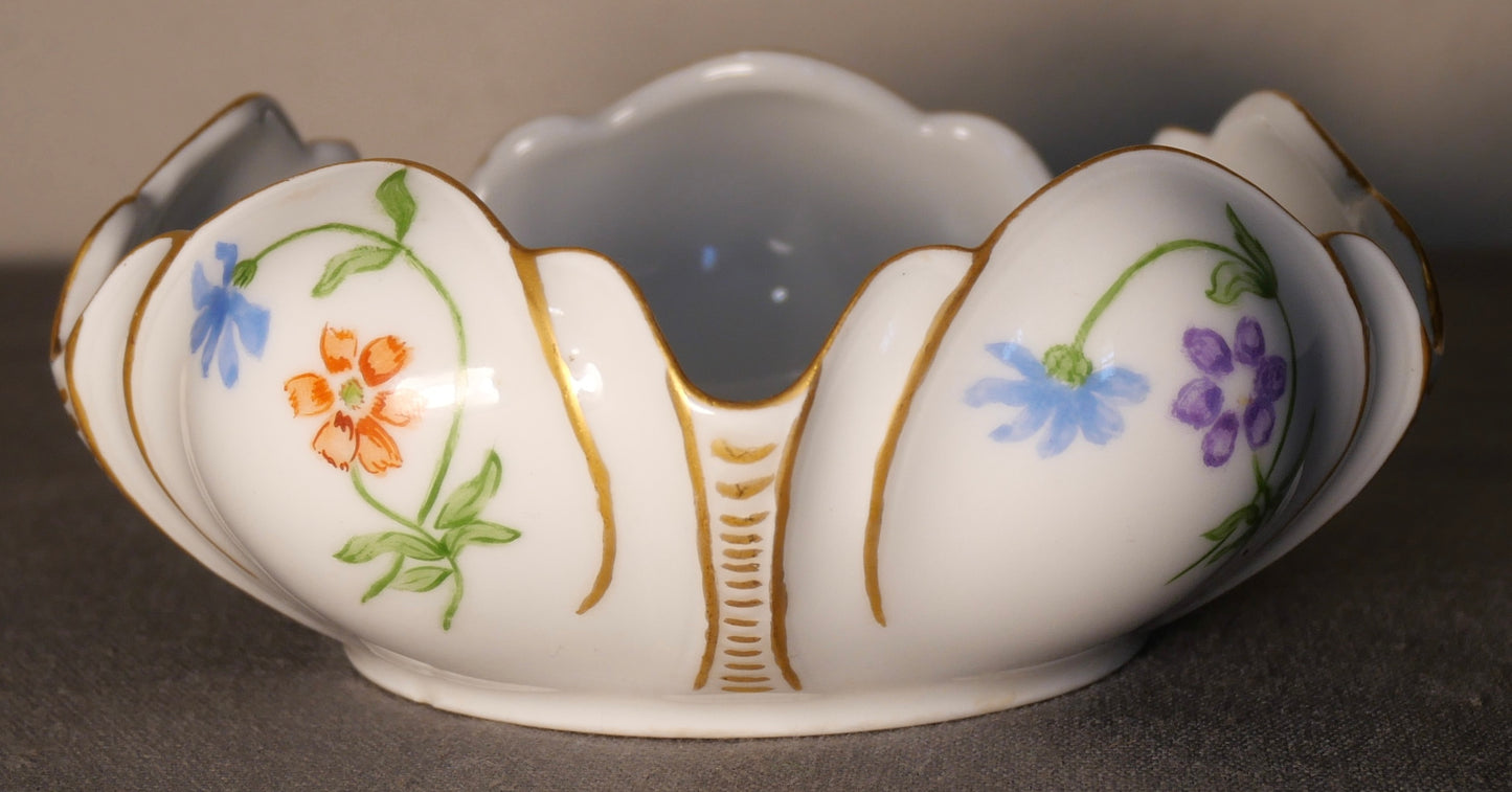 1936 German Porcelain Hand Painted Gilded Floral Motif Flower Form Bowl