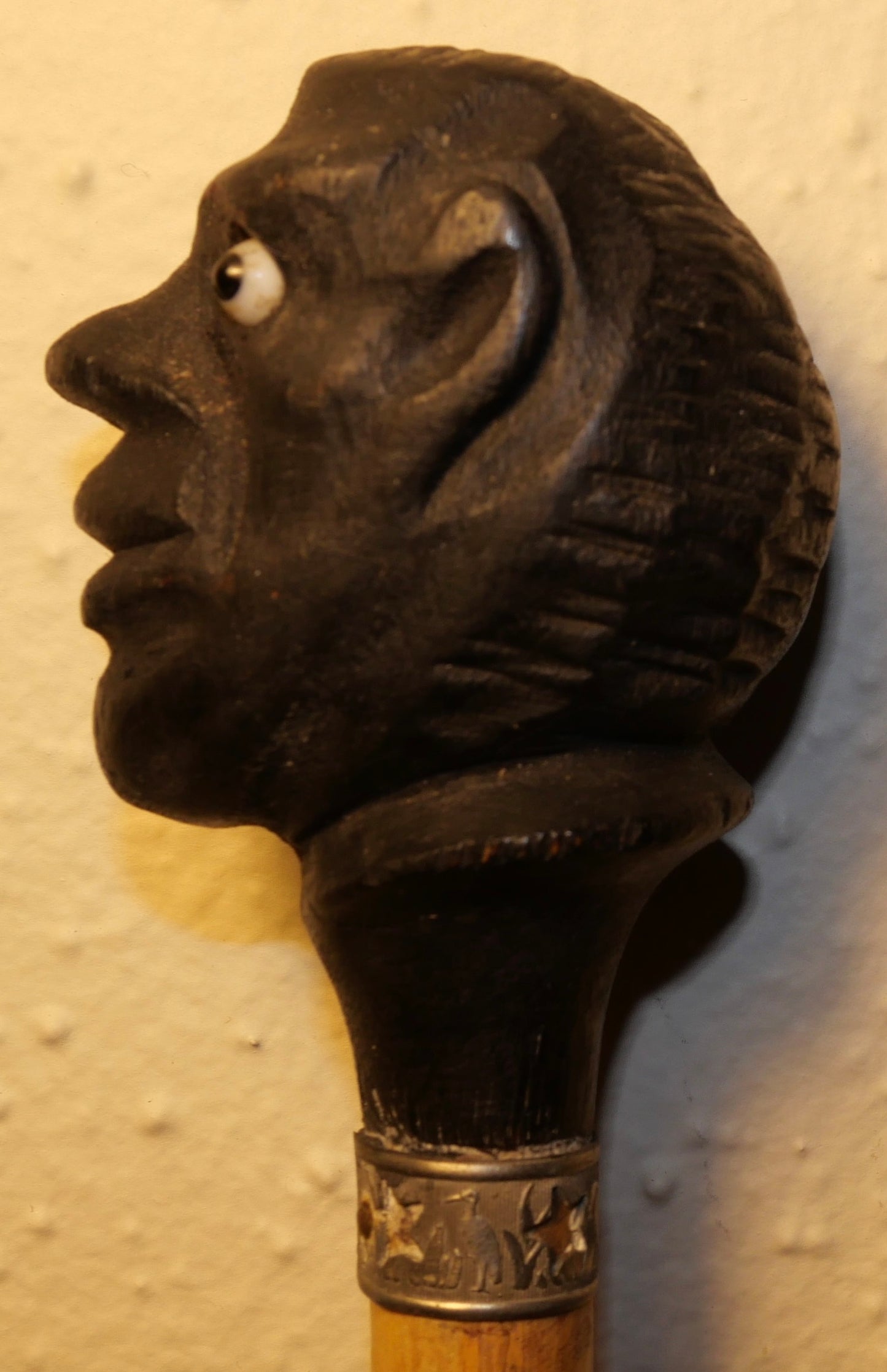 Circa 1880 French Victorian Carved Ebony Wood Moorish Man Head with Sulphide Eyes Pommel/Bamboo Shaft Walking Cane