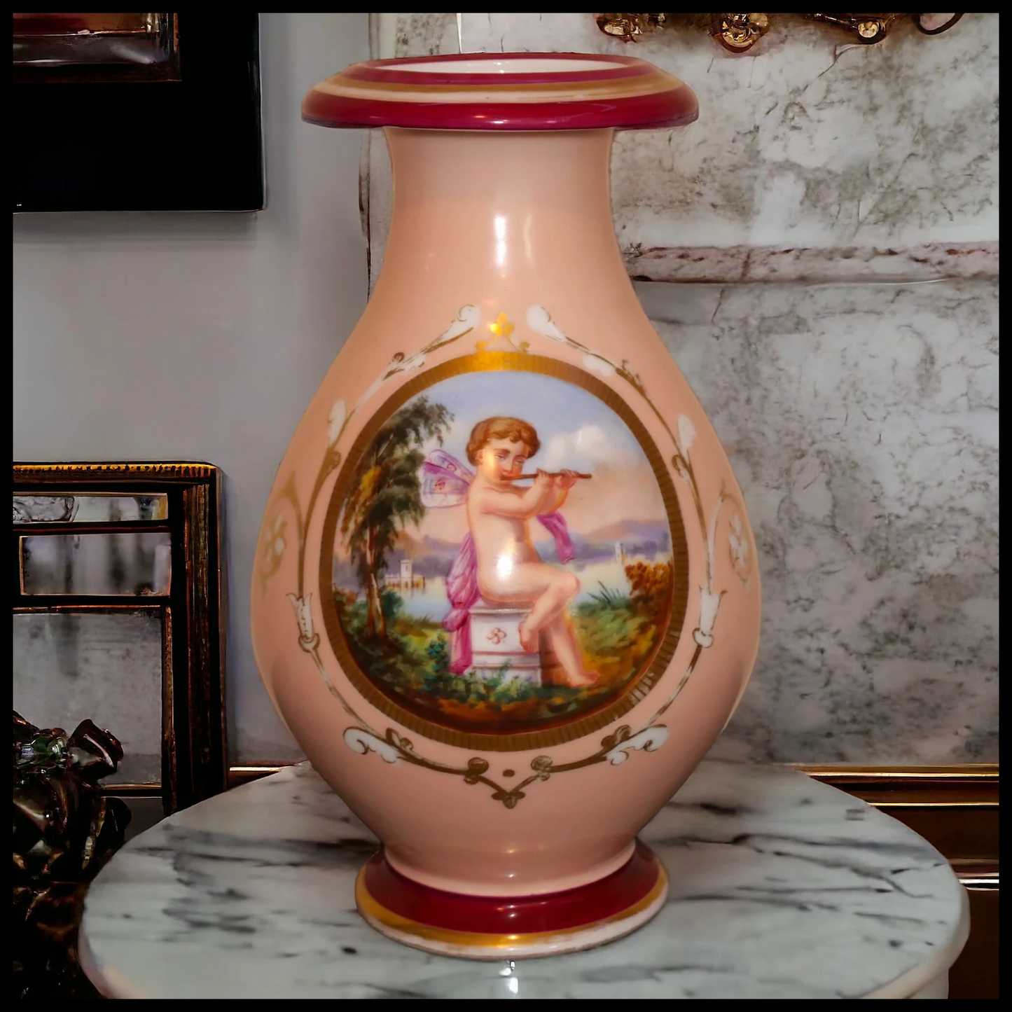 Circa 1860 French Napoleon III Old Paris Porcelain Hand Painted Gilded Cupid Motif Baluster Vase