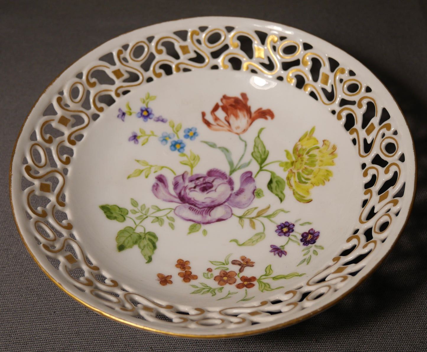 1935 German Porcelain Hand Painted Gilded Floral Motif Reticulated Rim Bowl