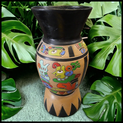 Vintage 1960's Guatemalan Mid Century Modern Clay Aztec Motifs Floor Vase