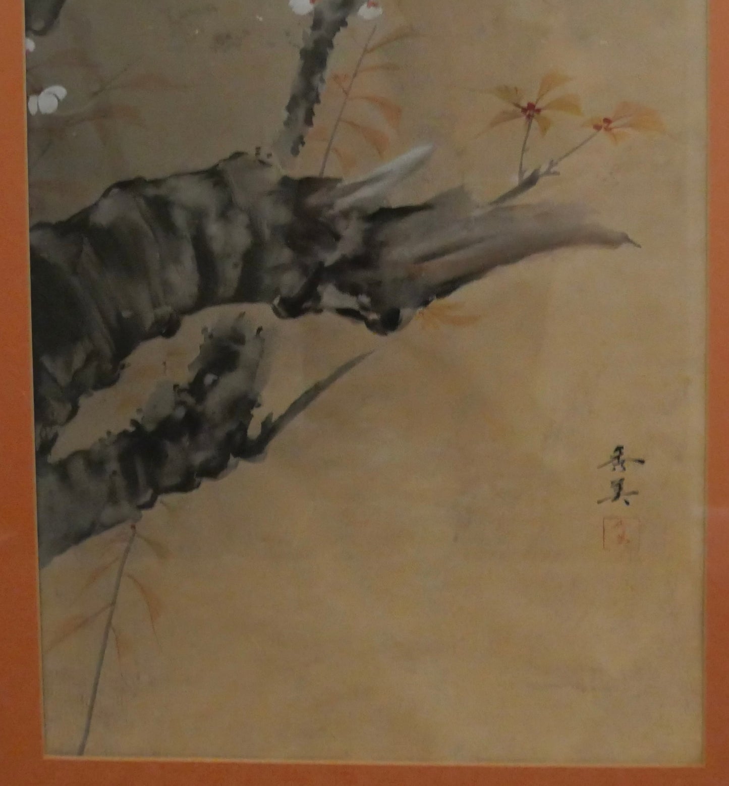 Vintage Mid 20th Century Japanese Oriental Tit Bird in Cherry Blossom Tree Silk Painting Signed Hidemi