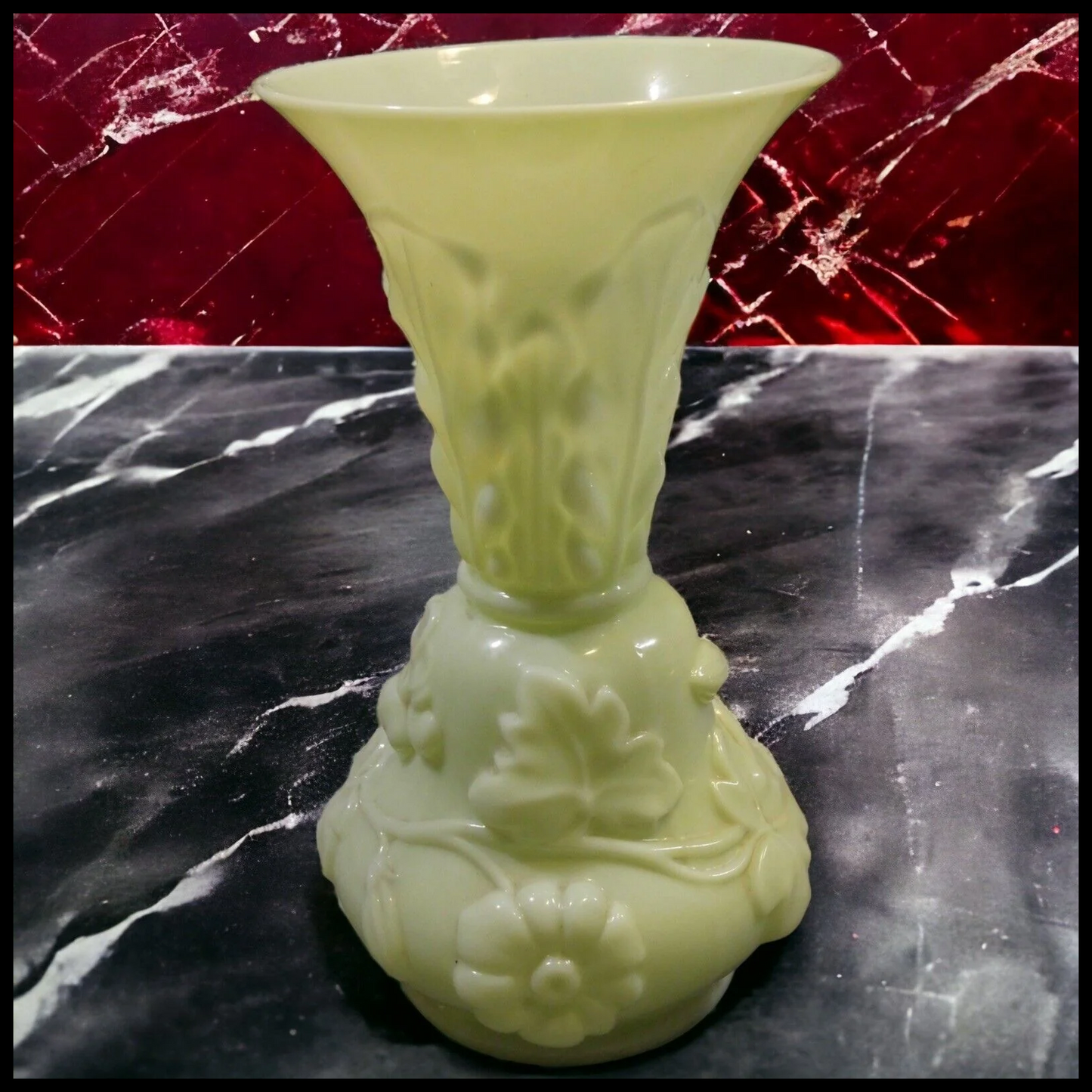 Early 20th Century French Art Nouveau Opaline Glass Floral/Leaf Motifs Baluster Vase