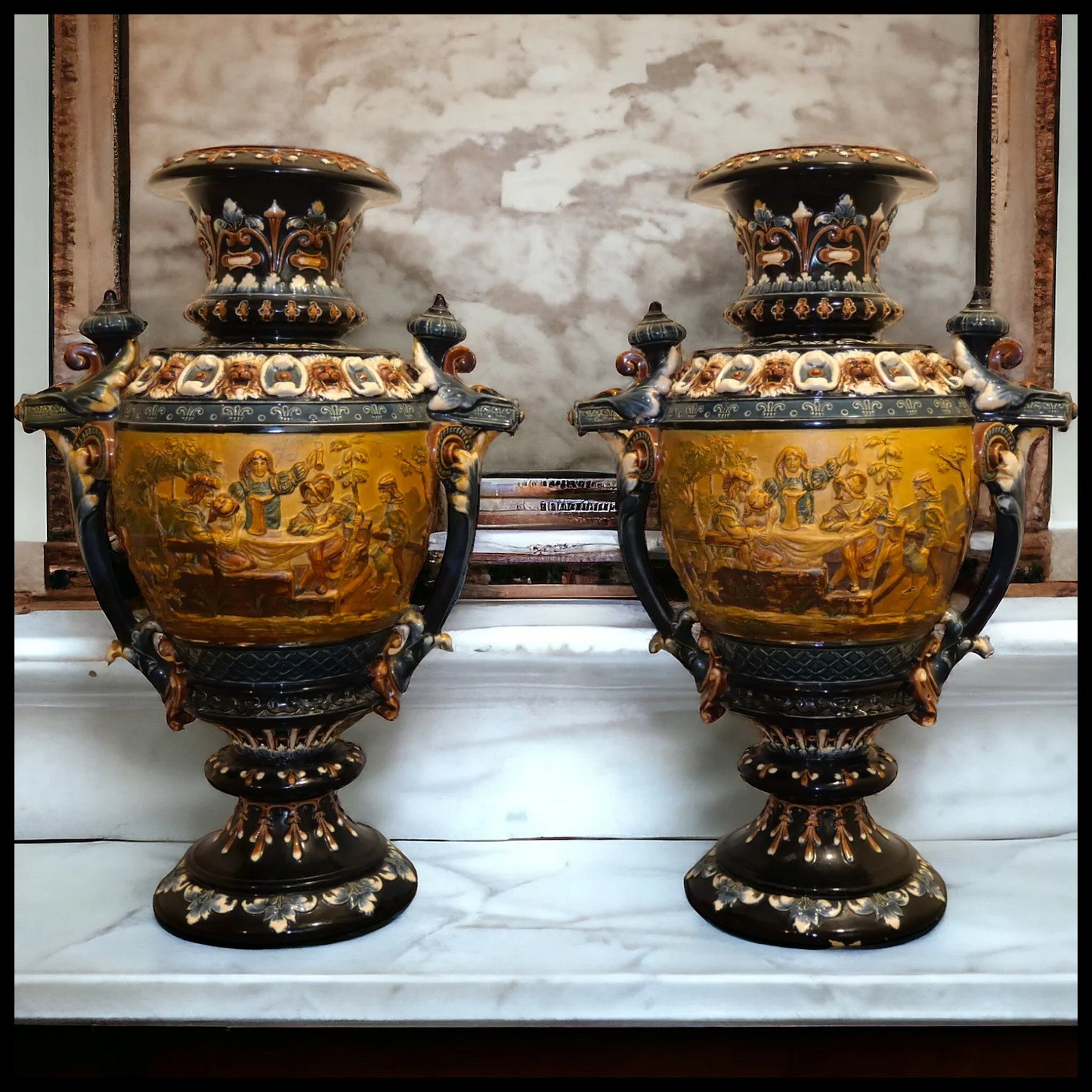 Pair of Late 19th Century Austrian Renaissance Revival Julius Greiner & Son Majolica Figural Scene Motif Double Handled Vases