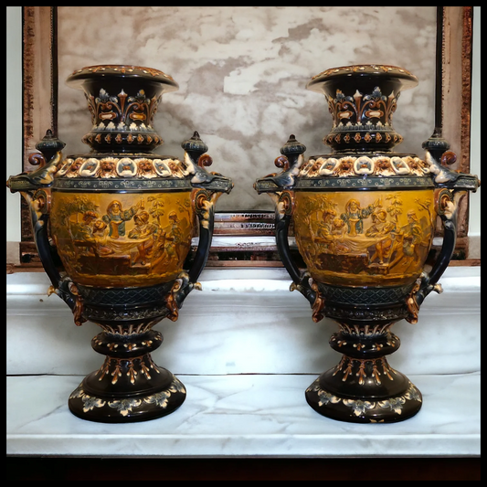 Pair of Late 19th Century Austrian Renaissance Revival Julius Greiner & Son Majolica Figural Scene Motif Double Handled Vases