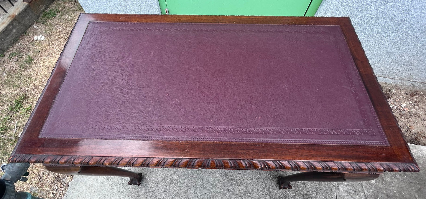 Circa 1910 English Edwardian Style Mahogany Ball/Clawfoot Leather Top Library Table