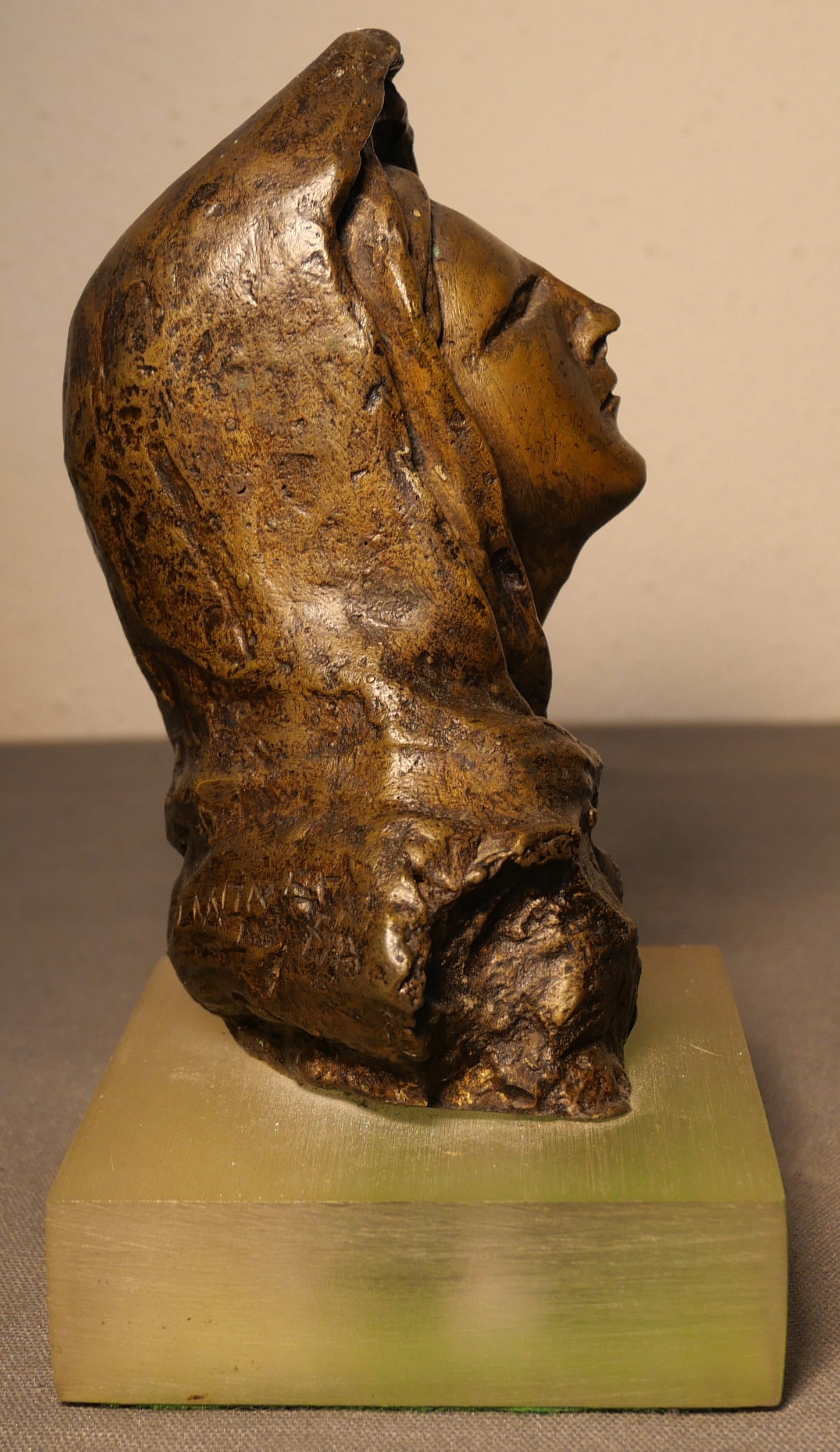 Vintage Mid 20th Century Expressionist Style Veiled Woman Bust Bronze Sculpture on Acrylic Base by V. Palmones (Artist Proof) (Spain)