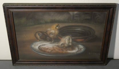 Late 19th Century Realist Chicks Eating from Plate Framed Pastel Drawing by P.H. Le Branche (American)