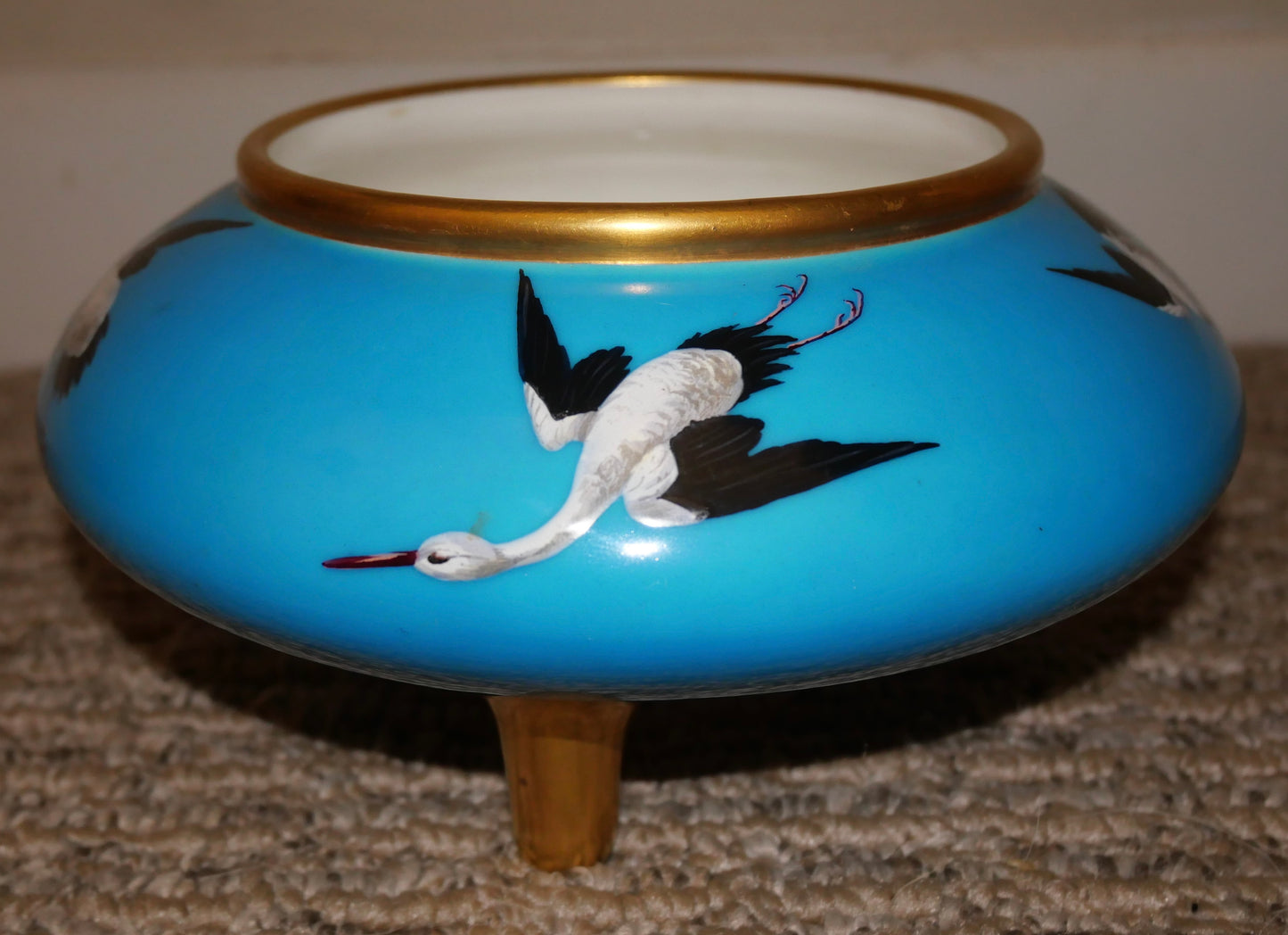 1874 English Mintons Gilded Turquoise Ground Porcelain Chinese Style Enamel Painted Stork Bird Motifs Three-Legged Bowl by Christopher Dresser