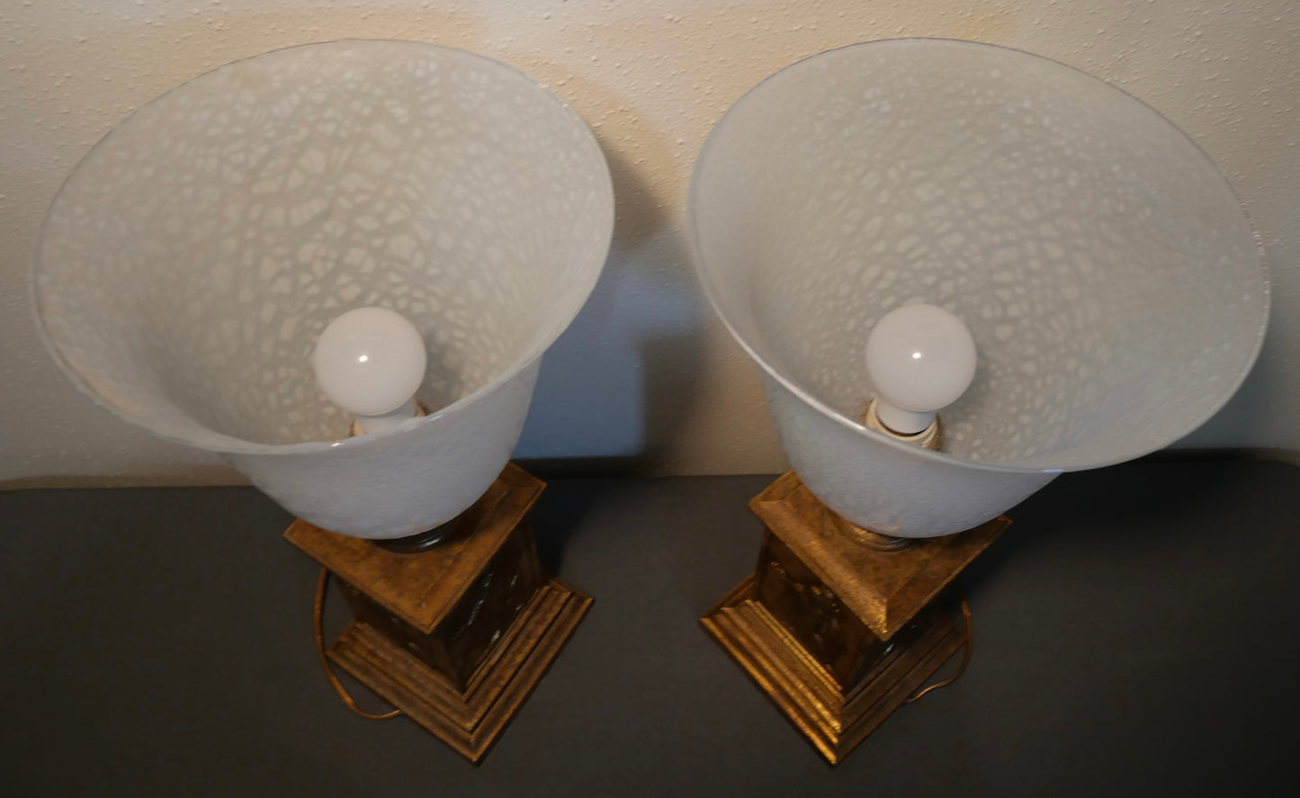 Pair of Vintage 1970's American Hollywood Regency Gilded Hellenic Motifs Metal Base/Mottled Glass Shade Torch Form Torchiere Table Lamps