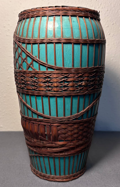 Circa 1930 Japanese Kyoto Awaji Pottery Turquoise Split-Bamboo Wrapped Baluster Vase (Early Showa Period)