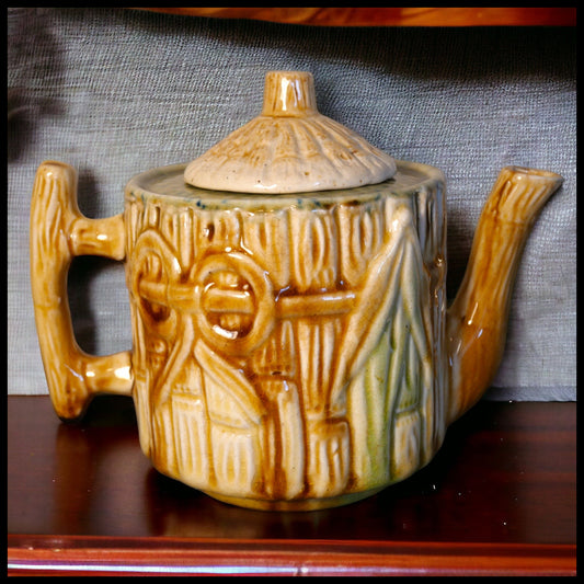 Circa 1880 J.S. Taft & Co. Pottery Majolica Bamboo Design Teapot Made in Keene, New Hampshire