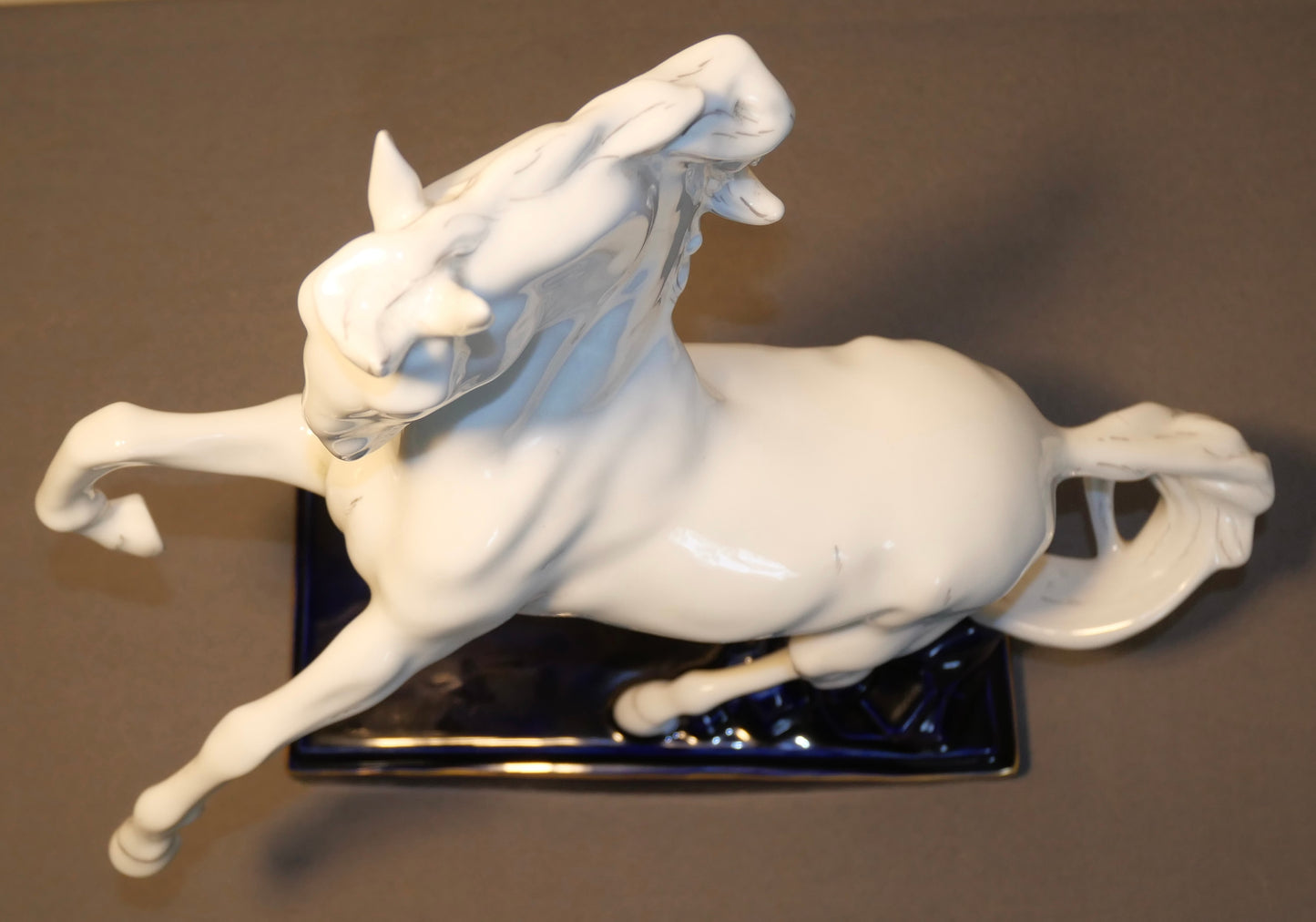 Vintage 1970's Czechoslovakian Royal Dux Porcelain White Rearing Horse on Gilded Cobalt Blue Plinth Base Sculpture