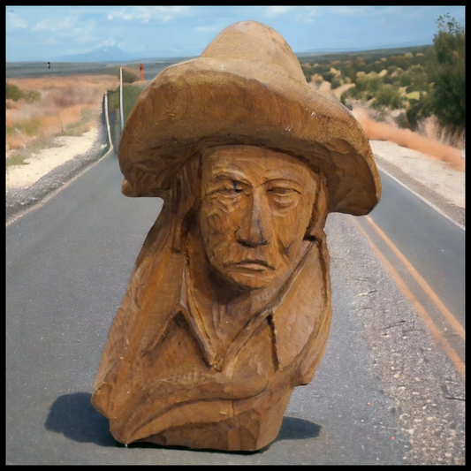 Vintage American Wild Bill Hickock Folk Art Wooden Bust Carving (20th Century)