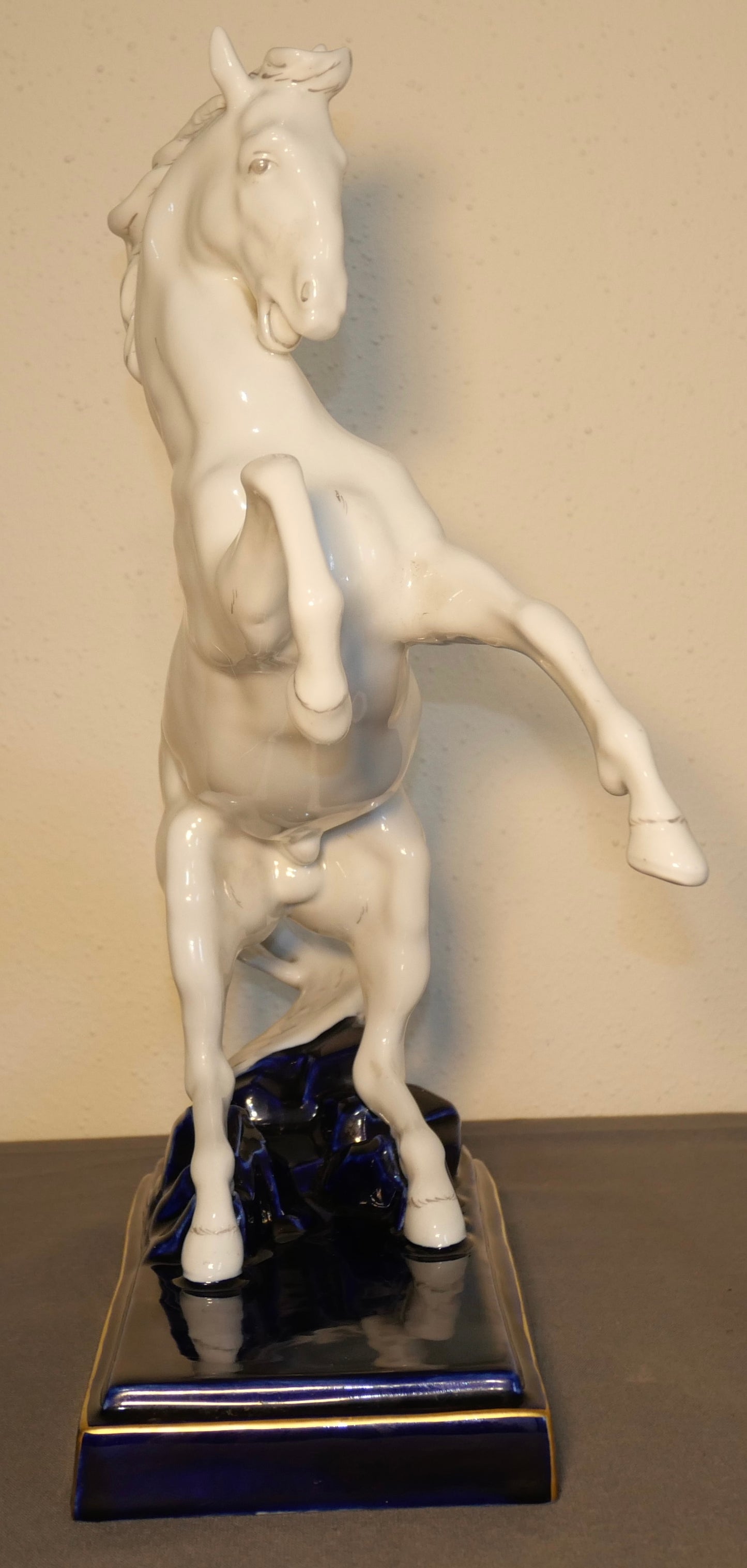 Vintage 1970's Czechoslovakian Royal Dux Porcelain White Rearing Horse on Gilded Cobalt Blue Plinth Base Sculpture