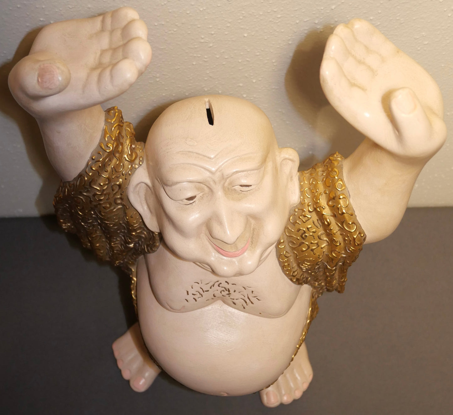 Vintage 1960's American Mid Century Modern Hand Painted Ceramic Weeping Gold Laughing Buddha Sculptural Prosperity Bank