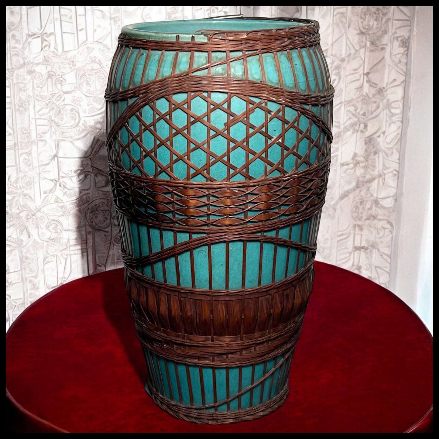 Circa 1930 Japanese Kyoto Awaji Pottery Turquoise Split-Bamboo Wrapped Baluster Vase (Early Showa Period)