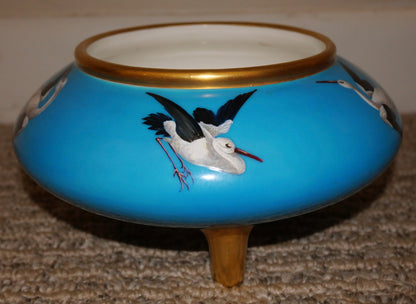 1874 English Mintons Gilded Turquoise Ground Porcelain Chinese Style Enamel Painted Stork Bird Motifs Three-Legged Bowl by Christopher Dresser