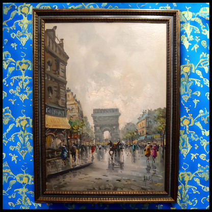 Antonio DeVity - Arc de Triomphe Paris Street Scene Framed Oil Painting on Canvas (Italian) (Mid 20th Century)