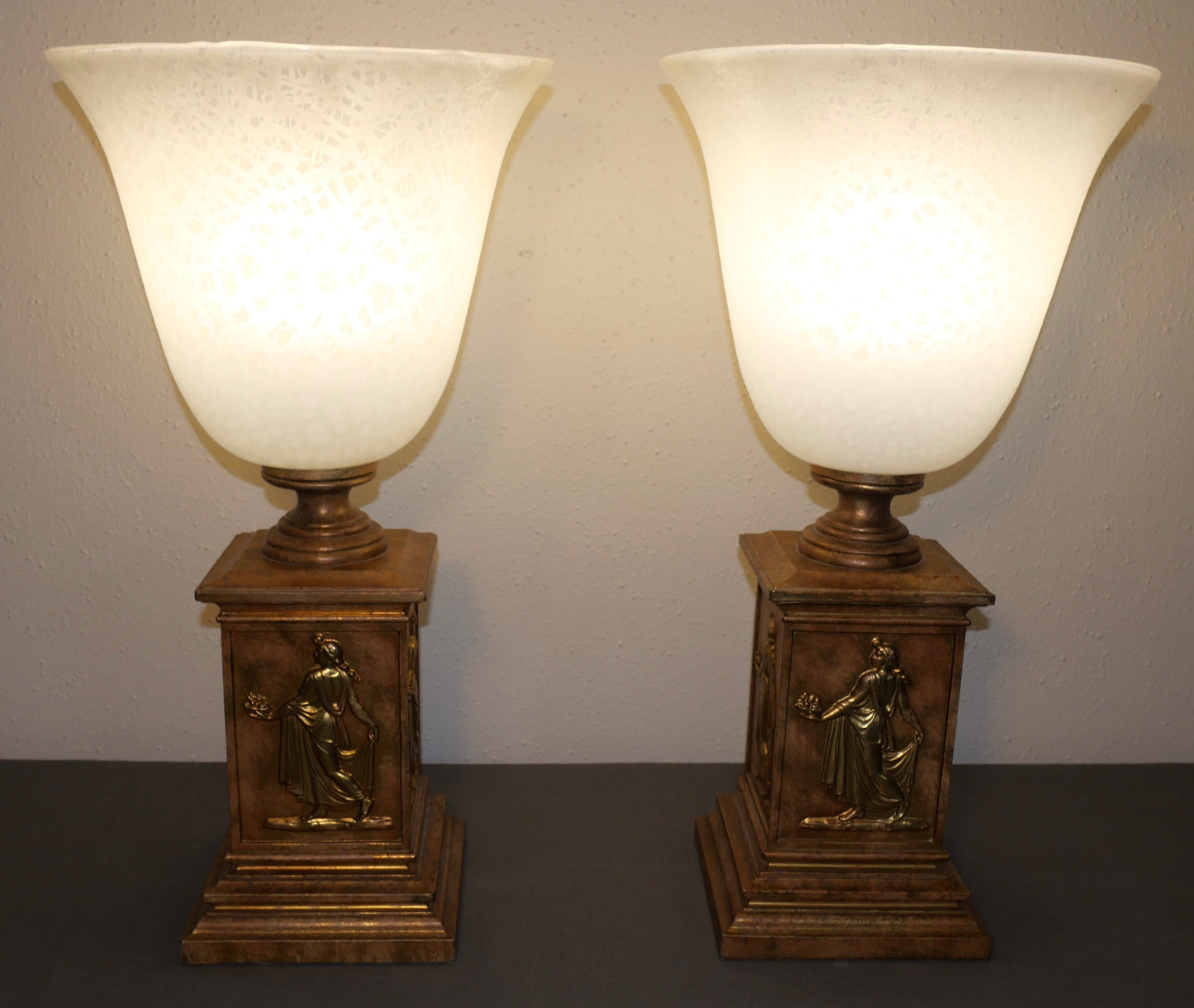 Pair of Vintage 1970's American Hollywood Regency Gilded Hellenic Motifs Metal Base/Mottled Glass Shade Torch Form Torchiere Table Lamps