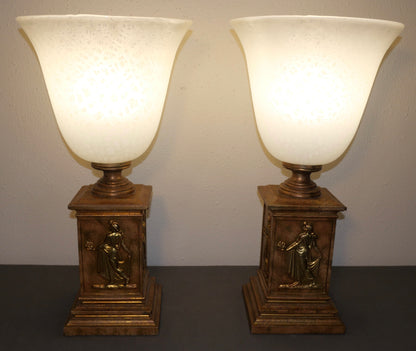 Pair of Vintage 1970's American Hollywood Regency Gilded Hellenic Motifs Metal Base/Mottled Glass Shade Torch Form Torchiere Table Lamps