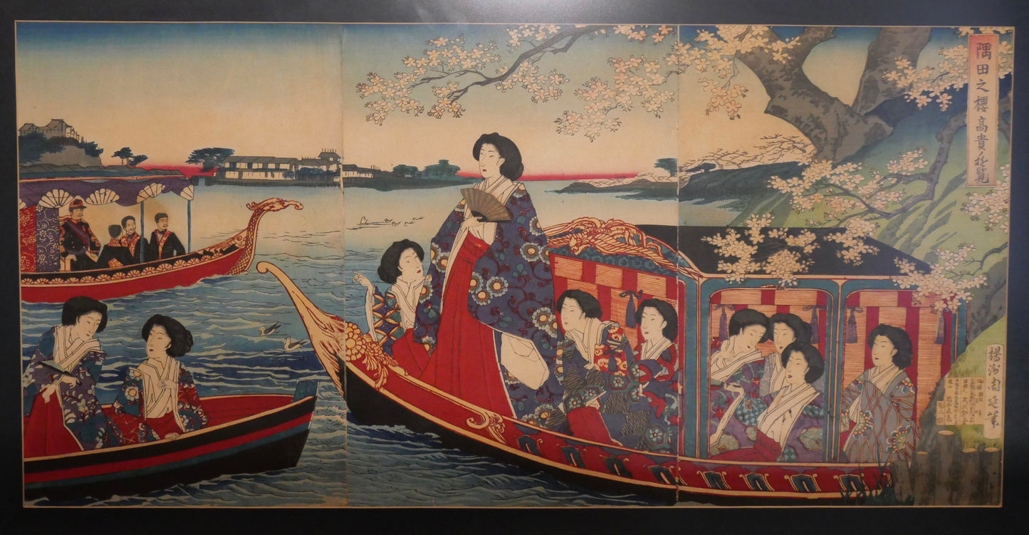 Late 19th Century Japanese Chikanobu "Pleasure Boat Outing" Framed Triptych Set of 3 Ukiyo-e Woodblock Prints (Meiji Period)