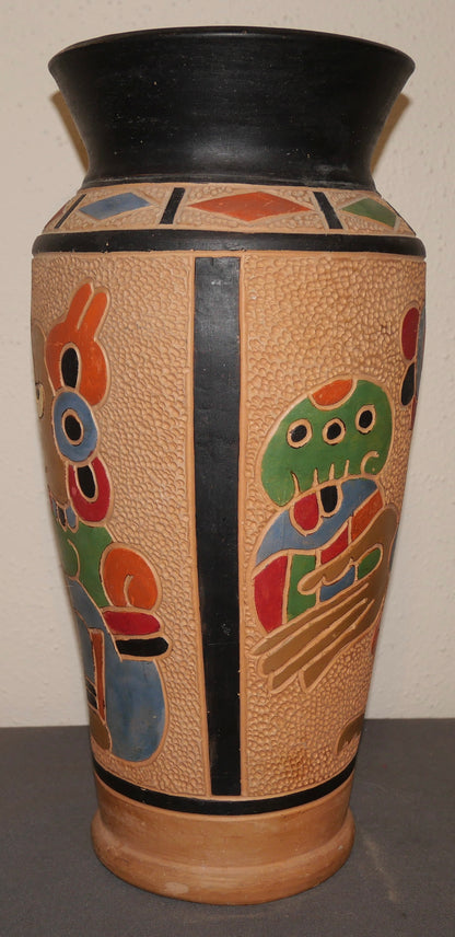 Vintage 1960's Guatemalan Mid Century Modern Clay Aztec Motifs Floor Vase