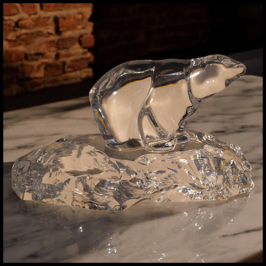 Vintage 1970’s Norwegian Crystal Polar Bear on Ice Plinth Sculpture by Willy Johansson